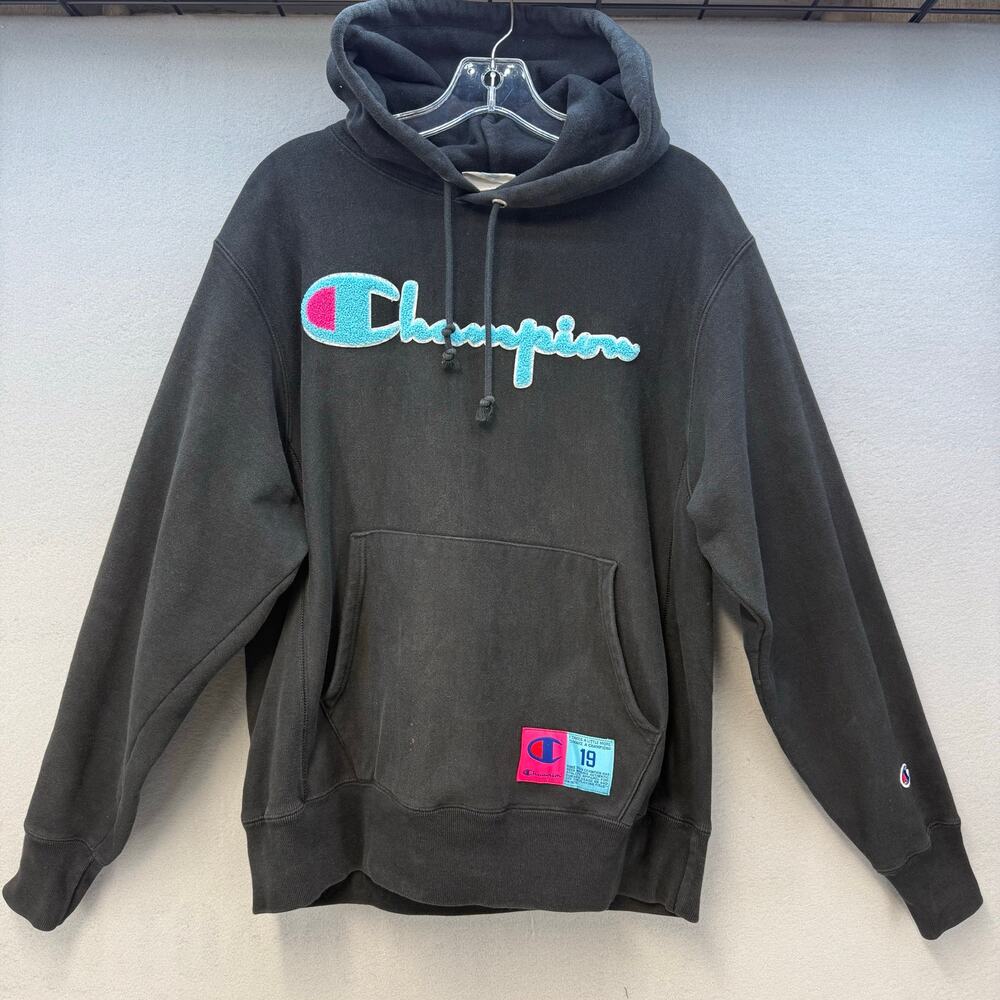 Champion Hoodie Unisex M Black Teal Pink Script Reverse Weave Logo Casual